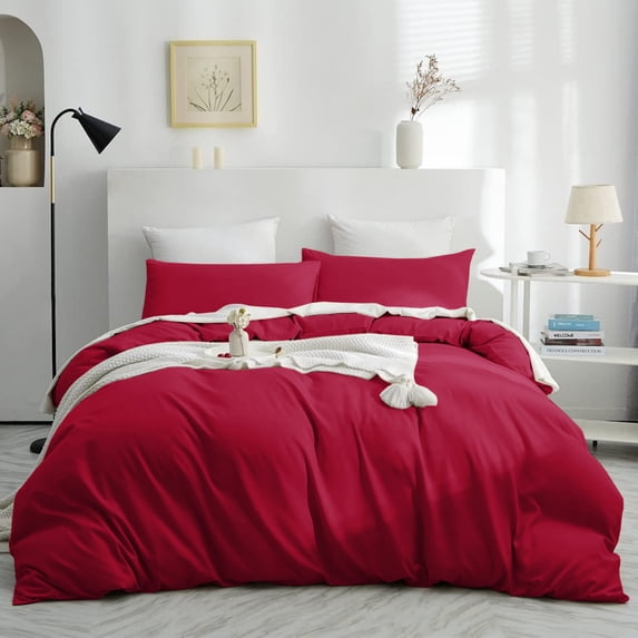 IR Imperial Rooms 3 Piece Duvet Cover Soft Microfiber Button Closer Red Color Queen All-Ages