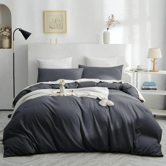 IR Imperial Rooms 3 PC Duvet Cover Set Plain Microfiber Button Closer Charcoal Color King All-Season
