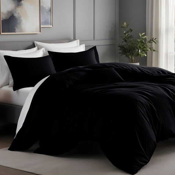 IR Imperial Rooms 3 PC Duvet Cover Set Queen Size Plain Button Closer Soft Brushed Microfiber Black Color 90 x 90 Inches.