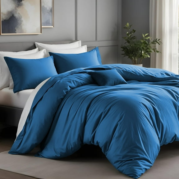 IR Imperial Rooms 3 PC Duvet Cover Set Queen Size Plain Button Closer Soft Brushed Microfiber Blue Color 90 X 90 Inches