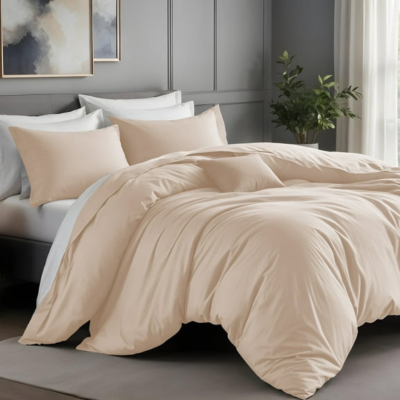 IR Imperial Rooms 3 PC Duvet Cover Set Queen Size Plain Button Closer Soft Brushed Microfiber Cream Color 90 x 90 Inches