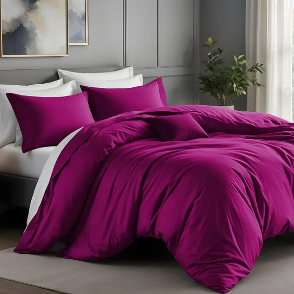 IR Imperial Rooms 3 PC Duvet Cover Set Queen Size Plain Button Closer Soft Brushed Microfiber Purple Color 90 x 90 Inches.