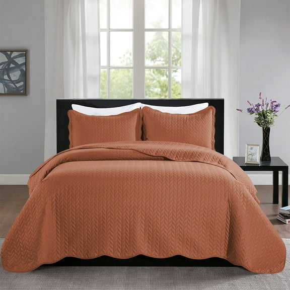 Imperial Rooms Chevron Microfiber Reversible Queen Bedspread with 2 Pillow Shams, Rust