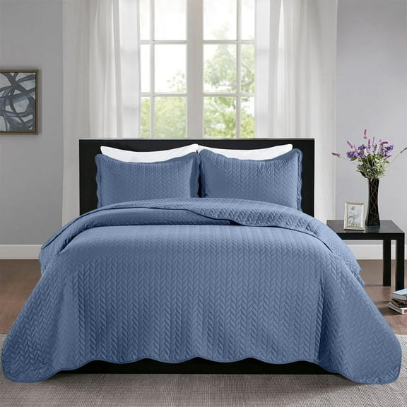 IR Imperial Rooms 3 Piece Quilt Set Soft Microfiber Chevron Bedspread & Coverlet-2 Pillow Washed Blue King