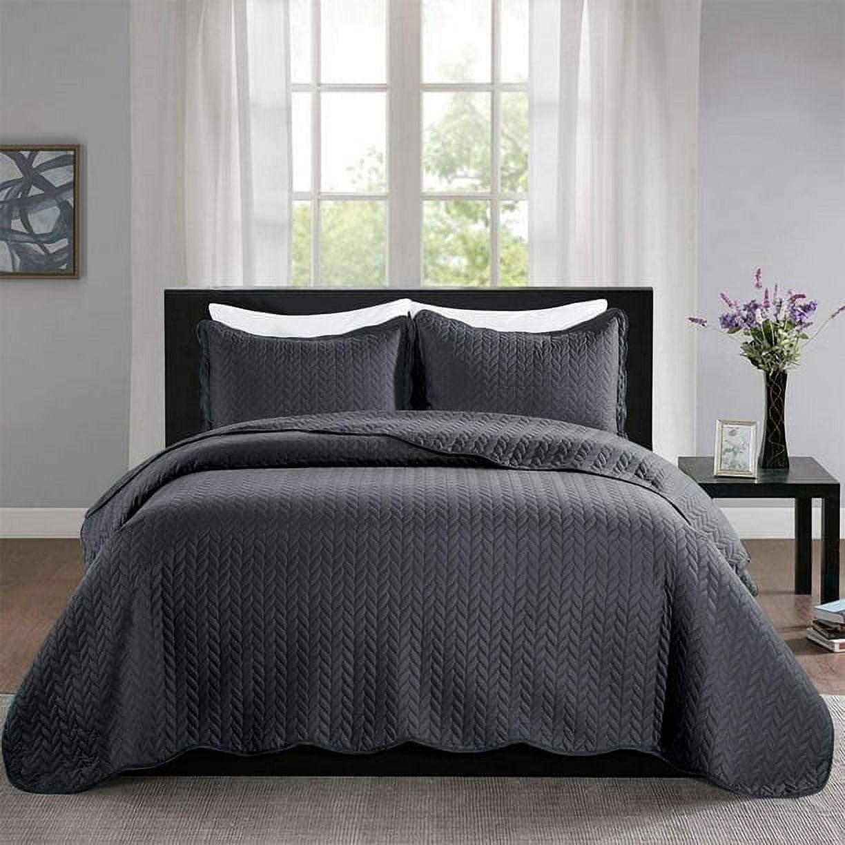IR Imperial Rooms 3 Piece Bedspread Set Bedding Microfiber 2 Shams Full/Queen Size Charcoal