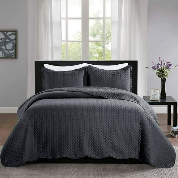 IR Imperial Rooms 3 Piece Bedspread Set Bedding Microfiber 2 Shams Full/Queen Size Charcoal