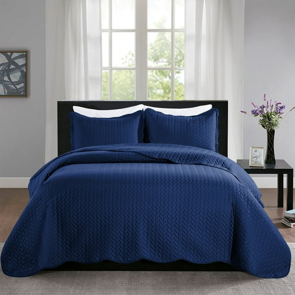 IR Imperial Rooms 3-Piece California King Quilt Set Chevron Microfiber Bedspread with 2 Pillow Shams, Navy, All-Season, Washable, Lightweight & Cozy