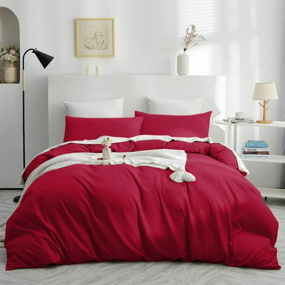 IR Imperial Rooms 3 Piece Duvet Cover Set Soft Microfiber Button Closer Color Red Full All-Season