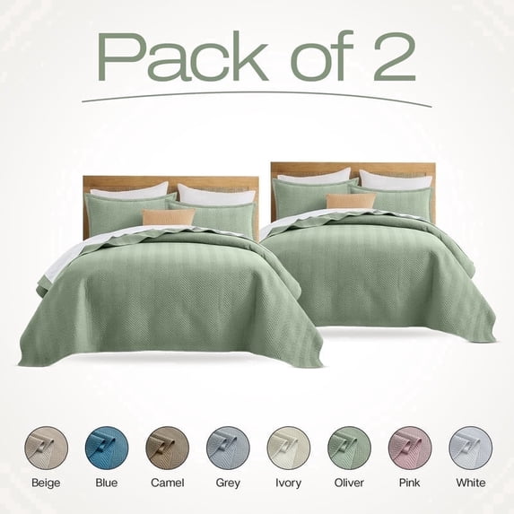 IR Imperial Rooms 3-Piece Linen Quilt Set, Pack of 2, Ultrasonic Chevron Pattern Bedspread Soft Lightweight Coverlet, Queen, Olive Green