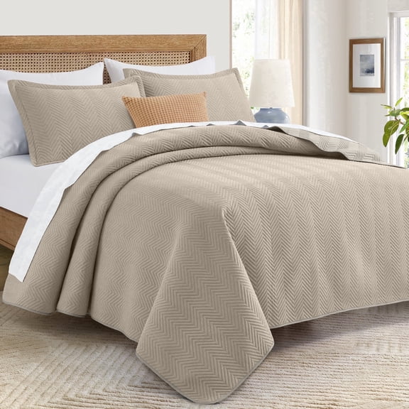 IR Imperial Rooms 3-Piece Linen Bedspread Quilt Set, Ultrasonic Chevron Pattern, Queen, Beige