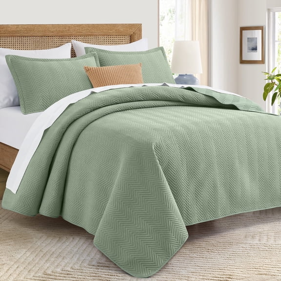IR Imperial Rooms 3-Piece Linen Quilt Set, Ultrasonic Chevron Pattern Bedspread Soft Lightweight Coverlet, Queen, Olive Green