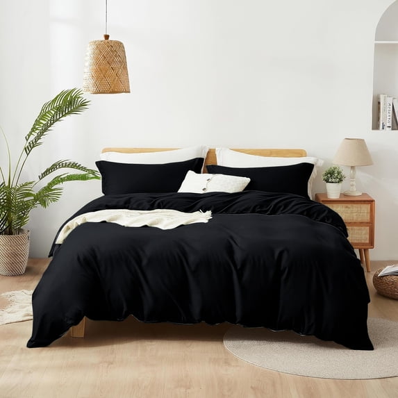 IR Imperial Rooms 3 Piece Queen Duvet Cover Soft Microfiber Button Closer Black Color All-Season