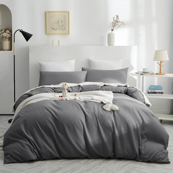 IR Imperial Rooms 3 Piece Queen Duvet Cover Washable Solid Soft Microfiber Button Closer Gray Color All-Season