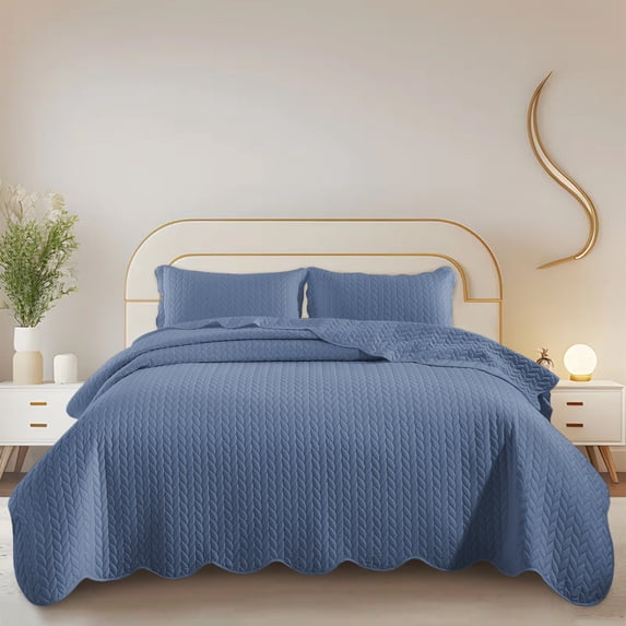 IR Imperial Rooms 3 Piece Quilt Set Chevron Bedding Microfiber Soft Bedspread with 2 Pillow Shams Washed Blue Queen