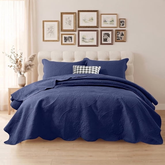 IR Imperial Rooms 3 Piece Quilt Set Microfiber Embossed Floral Bedspread Lightweight Bedding Queen Navy