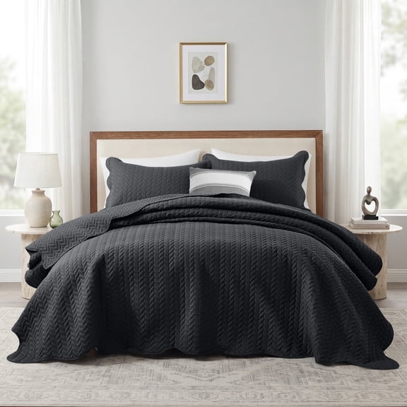IR Imperial Rooms 3 Piece Quilt Set Microfiber Embossed Leaf Bedspread Soft Lightweight Coverlet Queen Black