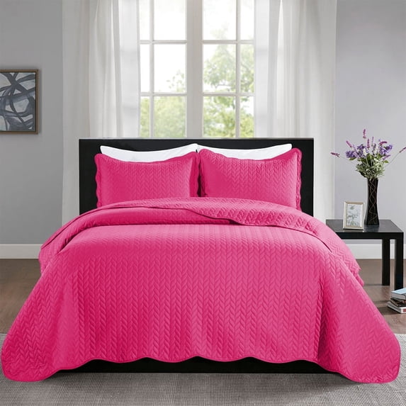 Imperial Rooms 3-Piece Bedspread Chevron Pattern Quilt Set, Soft Microfiber Bedspread with 2 Pillow Shams, Pink, King