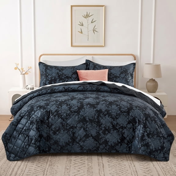 IR Imperial Rooms 3 Piece Quilt Set Velvet Bedspread Floral Pattern Lightweight Ultrasonic Queen Size Black