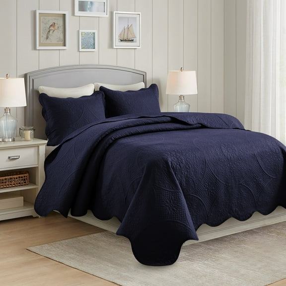 IR Imperial Rooms 3Pc-Embossed Bedspread Soft Microfiber Floral Modern Quilt Set Lightweight Queen Navy Blue
