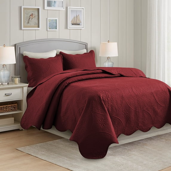 IR Imperial Rooms 3Pc-Embossed Bedspread Microfiber Floral Modern Quilt Set Lightweight King Burgundy