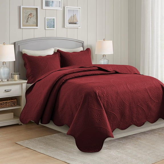 IR Imperial Rooms 3Pc-Embossed Bedspread Microfiber Floral Modern Quilt Set Lightweight King Burgundy