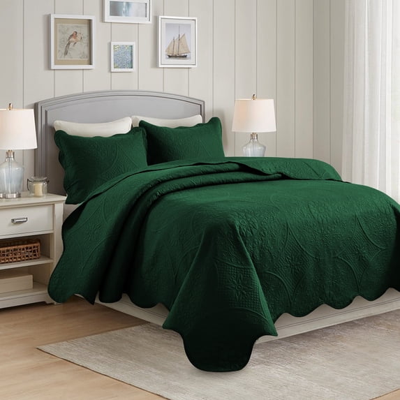 IR Imperial Rooms 3Pc-Embossed Bedspread Microfiber Floral Modern Quilt Set Lightweight King Emerald Green