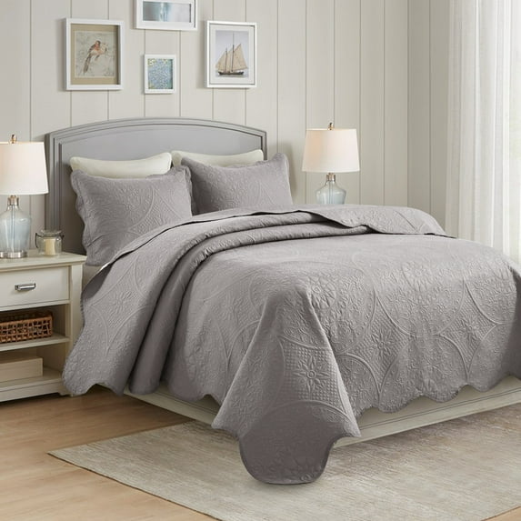 IR Imperial Rooms 3Pc-Embossed Bedspread Microfiber Floral Modern Quilt Set Lightweight King Silver