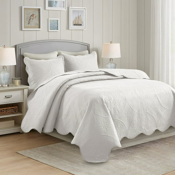 IR Imperial Rooms 3Pc-Embossed Bedspread Microfiber Floral Modern Quilt Set Lightweight King White