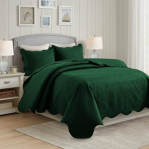 IR Imperial Rooms 3Pc-Quilt Set Embossed Bedspread Microfiber Floral Pattern Lightweight Full/Queen Emerald Green
