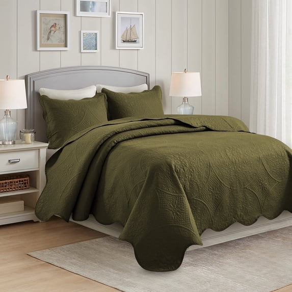 IR Imperial Rooms 3Pc-Embossed Bedspread Microfiber Floral Vintage Quilt Set Lightweight Full/Queen Olive Green