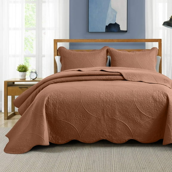 IR Imperial Rooms 3Pc-Embossed Luxury Bedspread Microfiber Floral Vintage Quilt Set Lightweight Full/Queen Peach