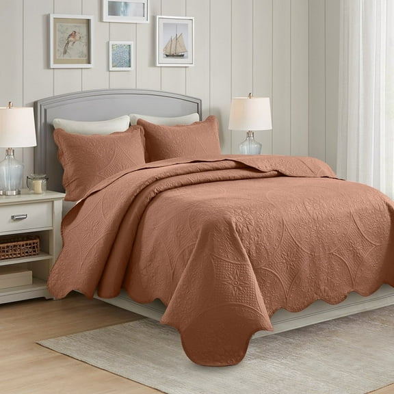 IR Imperial Rooms 3Pc-Quilt Set Embossed Bedspread Microfiber Floral Pattern Soft Lightweight Full/Queen Peach