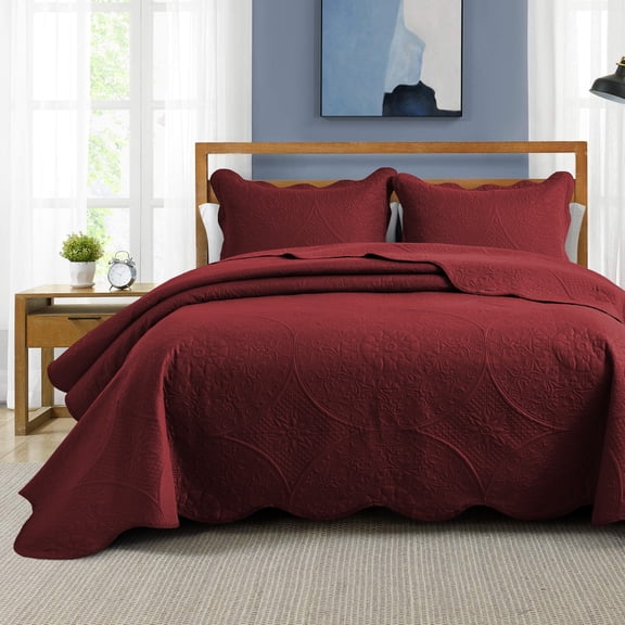 IR Imperial Rooms 3Pc-Embossed Luxury Bedspread 80 GSM Microfiber Floral Vintage Quilt Set Lightweight King Burgundy