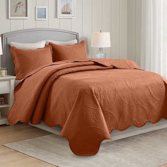 IR Imperial Rooms 3Pc-Embossed Bedspread Microfiber Floral Vintage Quilt Set Lightweight King Rust