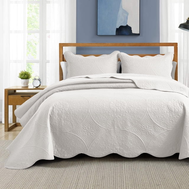 IR Imperial Rooms 3Pc-Embossed Luxury Bedspread 80GSM Microfiber Floral Vintage Quilt Set Lightweight King White
