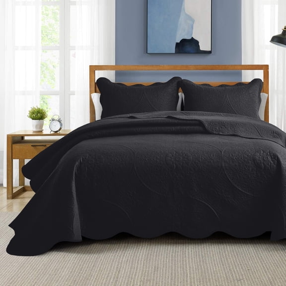 IR Imperial Rooms 3Pc-Embossed Luxury Bedspread 80GSM Microfiber Floral Vintage Quilt Set Lightweight King Black