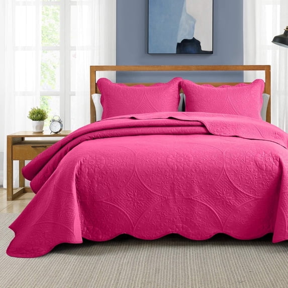 IR Imperial Rooms 3Pc-Quilt Set Embossed Luxury Bedspread 80GSM Microfiber Floral Lightweight King Pink