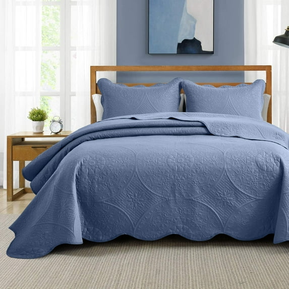 IR Imperial Rooms 3Pc-Embossed Luxury Bedspread 80GSM Microfiber Floral Vintage Quilt Set Lightweight King Washed Blue