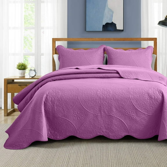 IR Imperial Rooms 3Pc-Quilt Set Embossed Luxury Bedspread Soft Microfiber Floral Pattern Lightweight for Adult Full/Queen Purple