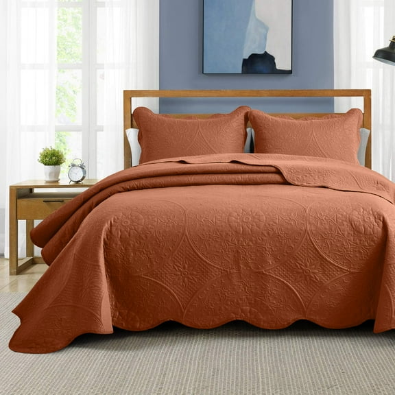 IR Imperial Rooms 3Pc-Embossed Luxury Bedspread Microfiber Floral Vintage Quilt Set Lightweight Full/Queen Rust