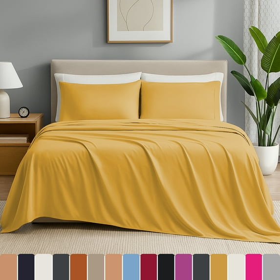 IR Imperial Rooms Bed Sheet Set 1800 Series, Deep Pocket 16" Microfiber Ochre, King Size 4 Piece