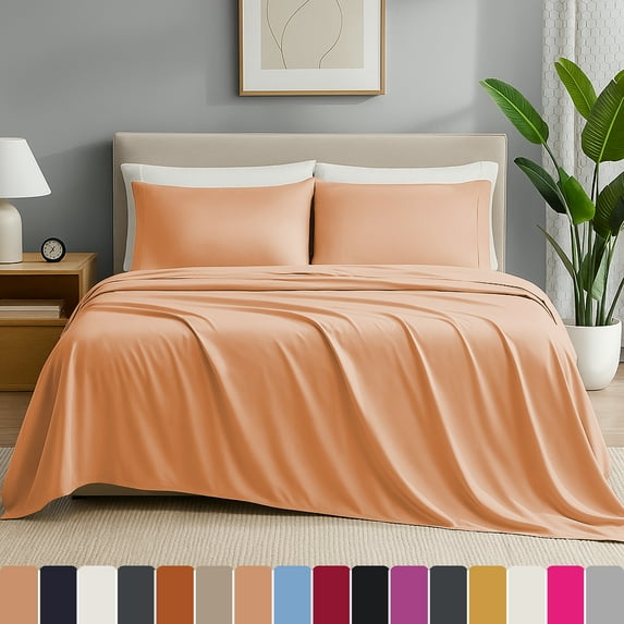 IR Imperial Rooms 4 Piece 1800 Series Deep Pocket 16 Inch Microfiber Bed Sheet Set for Adults, Peach Full Size