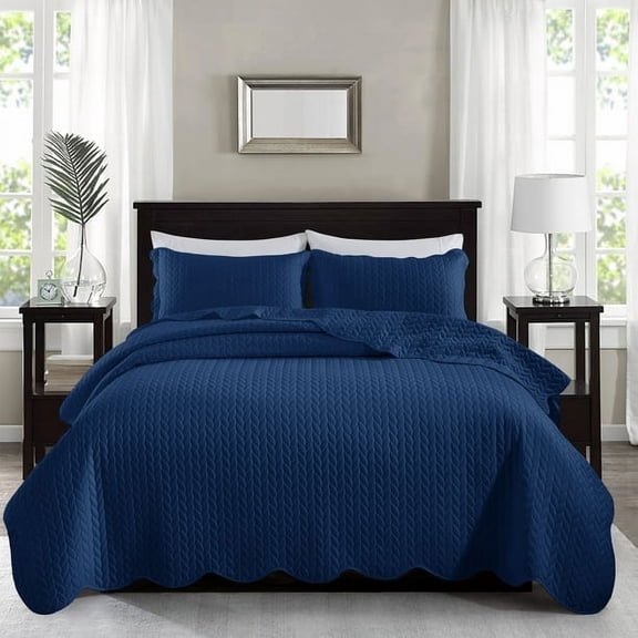 Imperial Rooms 3 Piece Bedspread Chevron Pattern Soft Microfiber Reversible Quilt Set with 2 Pillow Shams, Blue Queen