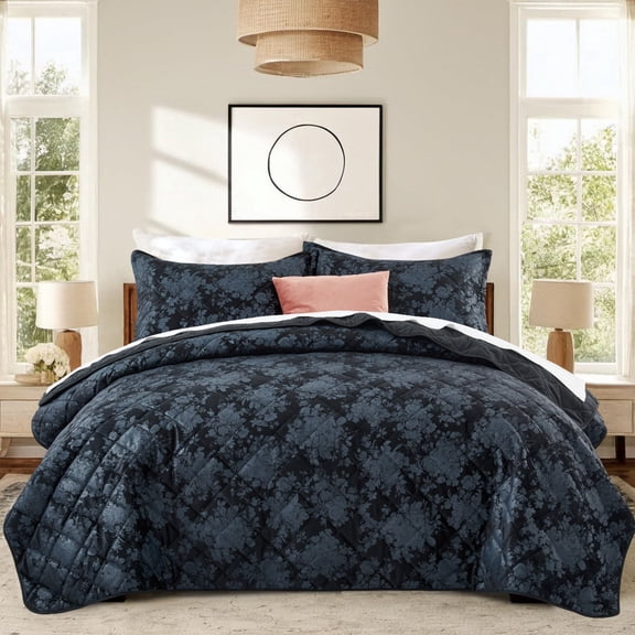 IR Imperial Rooms Luxury Velvet 2-Piece Floral Pattern Bedspread Set Ultrasonic Embossed Reversible Quilt Set Washable Bedding Twin Size Black