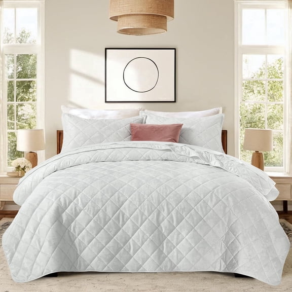 IR Imperial Rooms Luxury Velvet 2-Piece Floral Pattern Bedspread Set Ultrasonic Embossed Reversible Quilt Set Washable Bedding Twin Size White