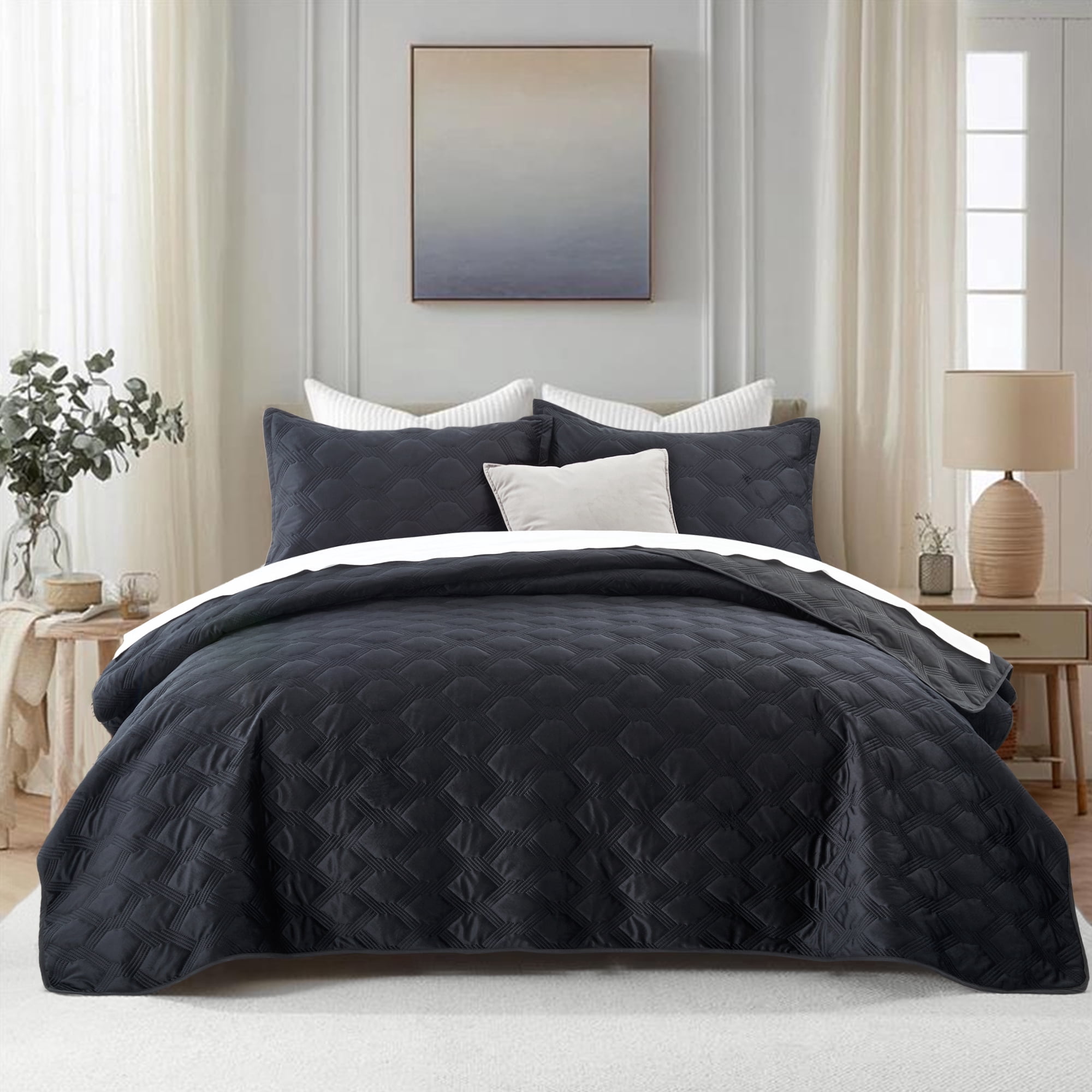IR Imperial Rooms Luxury Velvet Quilt Set Ultrasonic Embossed Bedspread Geometric Pattern 2-Piece Soft Reversible Twin Size Black