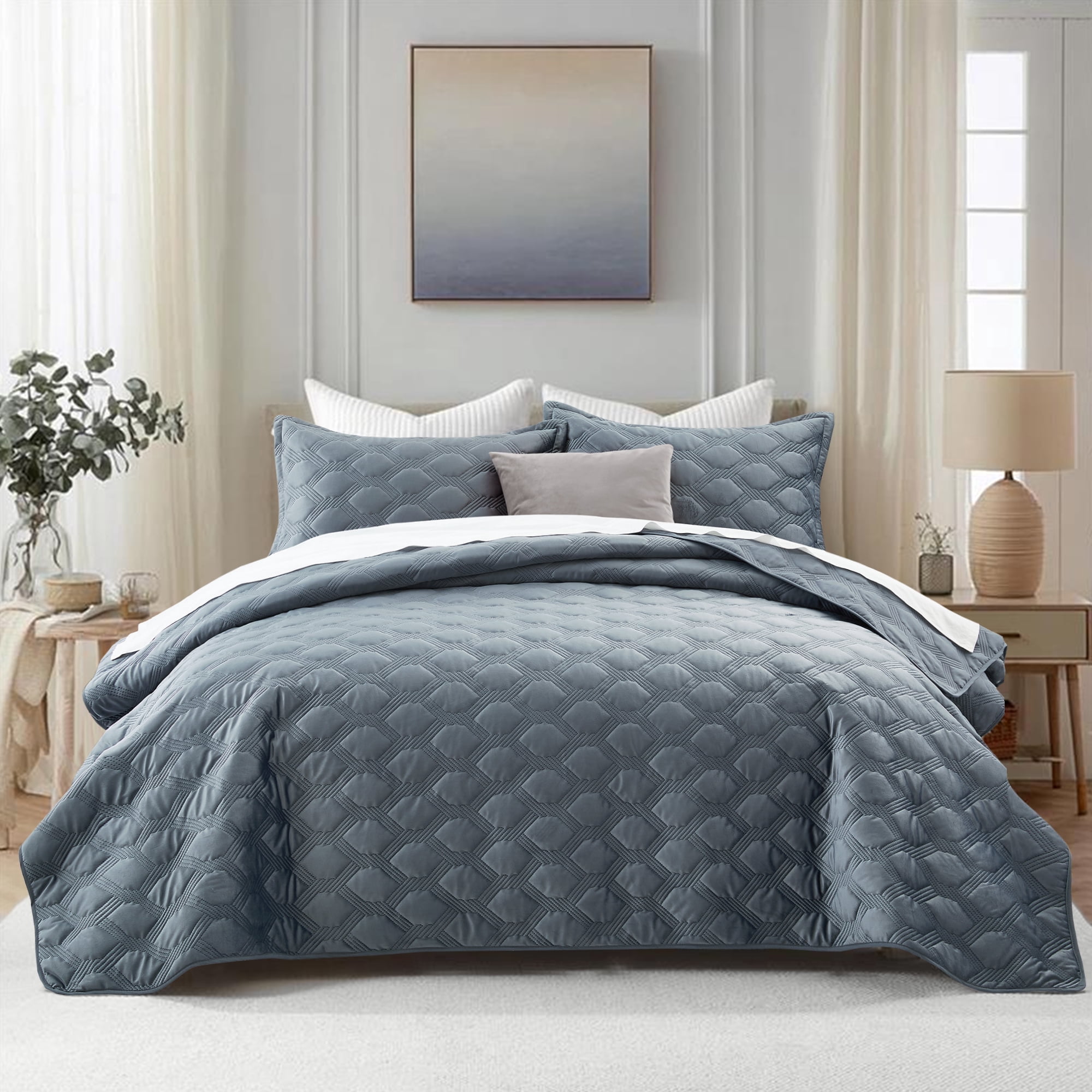 IR Imperial Rooms Luxury Velvet Quilt Set Ultrasonic Embossed Bedspread Geometric Pattern 2-Piece Soft Reversible Twin Size Bluish Gray