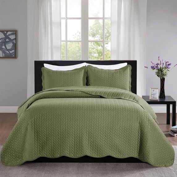 Imperial Rooms 2 Piece Bedspread Chevron Pattern Soft Microfiber Reversible Quilt Set with 1 Pillow Shams, Olive Green Twin