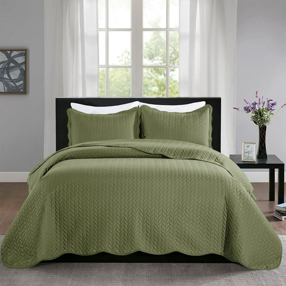 Imperial Rooms 3-Piece Quilted Reversible Microfiber Reversible Chevron Embossed Bedspread & Quilt Set, Olive Green, King