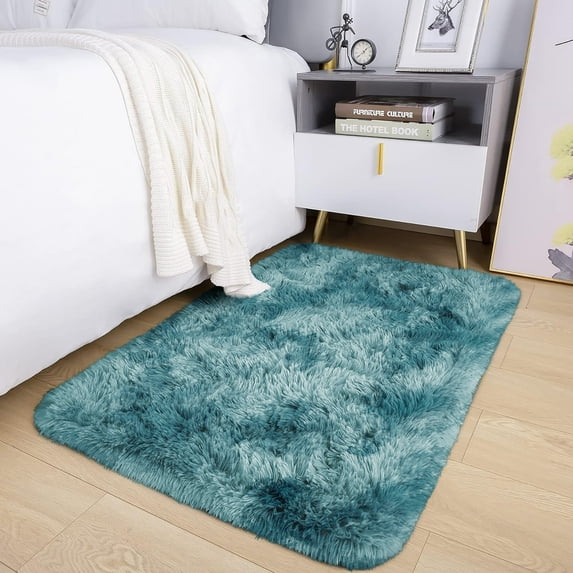 IR Imperial Rooms Shaggy Rug 2x3ft for Bedroom Fluffy Shag Rug Anti-Slip Living Room Washable Soft Carpet Tie Dye Teal